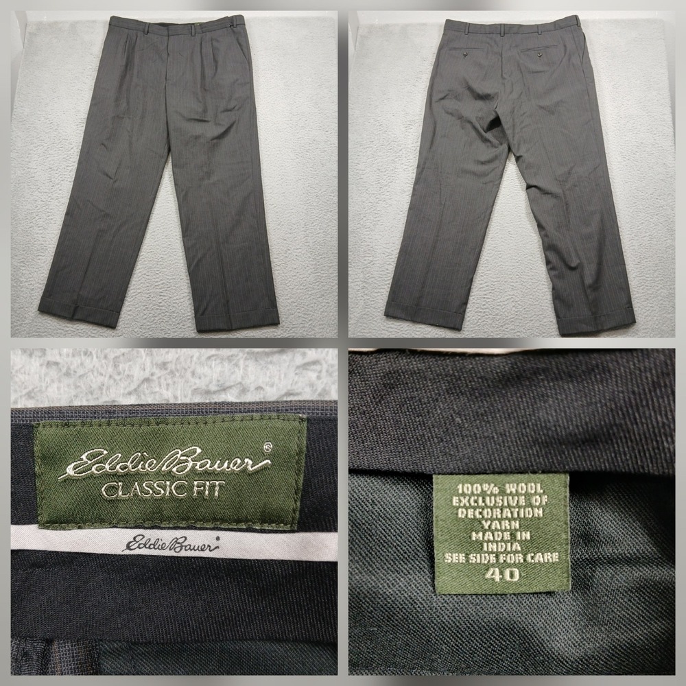 Eddie Bauer‎ Wool Dress Pants Mens 40 Gray Classic Fit Pleated Slacks